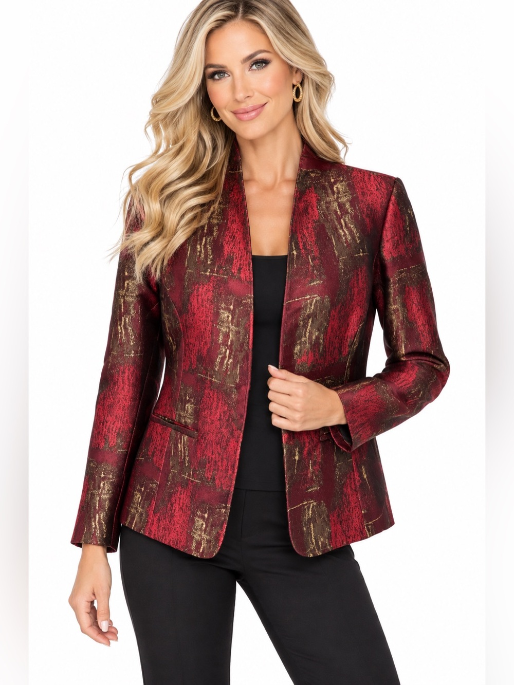 Coldwater Creek Women’s Large Burgundy Gold Metallic Abstract Blazer Jacket